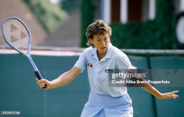 Jo Durie of Great Britain in action during the women's singles competition at Eastbourne, circa June 1984.