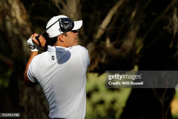 Dimitrios Papadatos of Australia hits his tee shot on the 11th holeduring day two of the World Super 6 at Lake Karrinyup Country Club on February 9,...