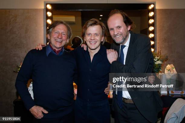 Mario Luraschi, Alex Lutz and Producer of the show Jean-Marc Dumontet pose after the Alex Lutz One Man Show At L'Olympia on February 8, 2018 in...