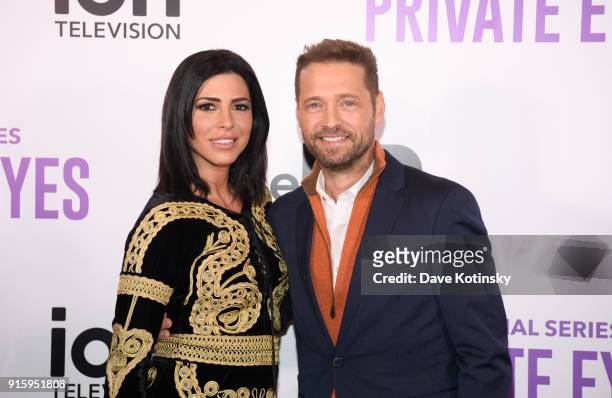 Actress Cindy Sampson and actor Jason Priestley arrive at the ION Television Private Eyes Launch Event on February 8, 2018 in New York City.