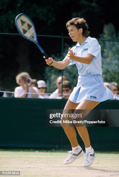 Jo Durie of Great Britain in action during the women's singles competition at Eastbourne, circa June 1984.