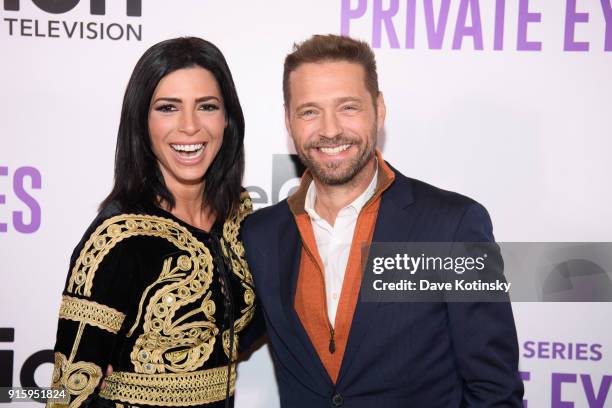 Actress Cindy Sampson and actor Jason Priestley arrive at the ION Television Private Eyes Launch Event on February 8, 2018 in New York City.