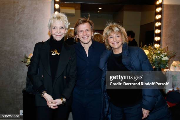 Tonie Marshall, Alex Lutz and Daniele Thompson pose after the Alex Lutz One Man Show At L'Olympia on February 8, 2018 in Paris, France.