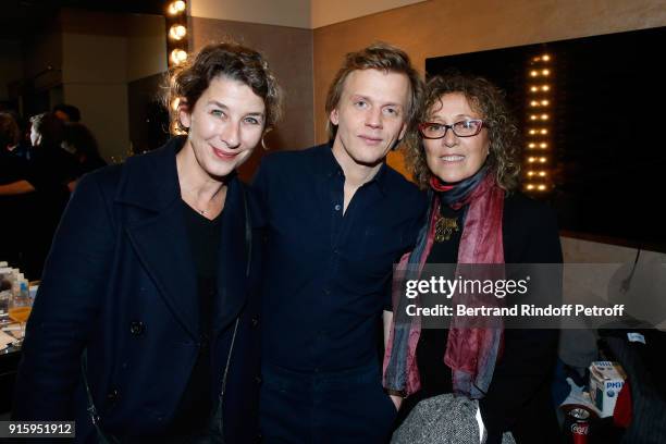 Isabelle Gelinas, Alex Lutz and Mireille Dumas pose after the Alex Lutz One Man Show At L'Olympia on February 8, 2018 in Paris, France.