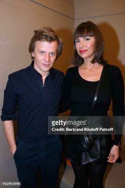 Alex Lutz and Mathilda May pose after the Alex Lutz One Man Show At L'Olympia on February 8, 2018 in Paris, France.