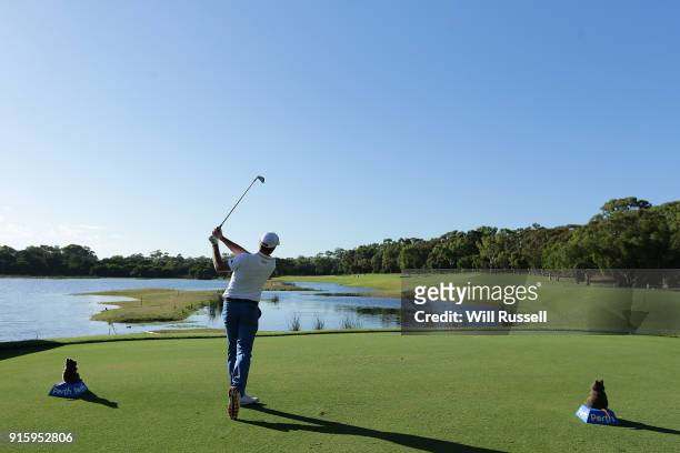 Julien Guerrier of France takes his tee shot on the 3rd hole during day two of the World Super 6 at Lake Karrinyup Country Club on February 9, 2018...
