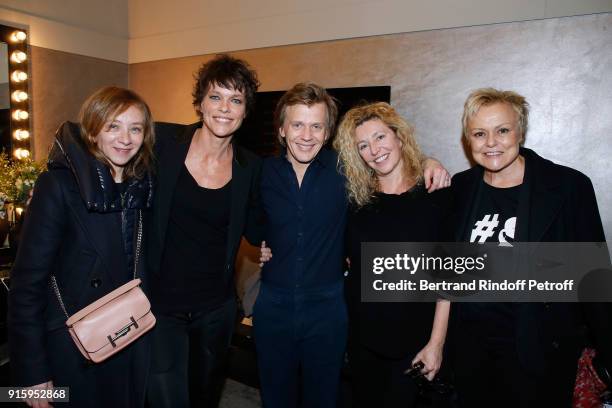 Sylvie Testud, Anne Le Nen, Alex Lutz, Stephanie Murat and Muriel Robin pose after the Alex Lutz One Man Show At L'Olympia on February 8, 2018 in...