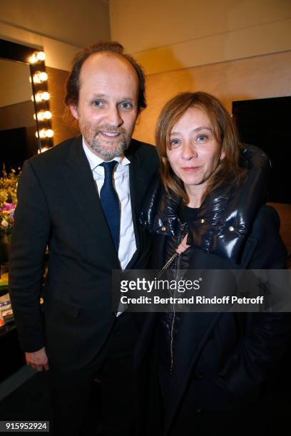 Producer of the show Jean-Marc Dumontet and Sylvie Testud attend the Alex Lutz One Man Show At L'Olympia on February 8, 2018 in Paris, France.