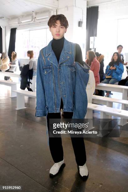 Guest attends the Lanyu front row during New York Fashion Week: The Shows at Industria Studios on February 8, 2018 in New York City.