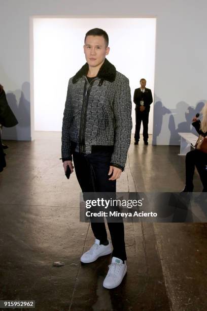 Guest attends the Lanyu front row during New York Fashion Week: The Shows at Industria Studios on February 8, 2018 in New York City.