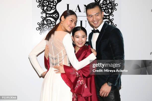 Designer Lan Yu and a guests pose backstage for Lanyu during New York Fashion Week: The Shows at Industria Studios on February 8, 2018 in New York...