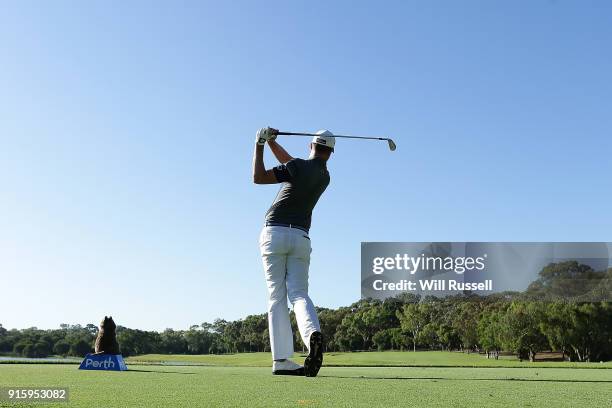 Adam Blyth of Australia takes his tee shot on the 3rd hole during day two of the World Super 6 at Lake Karrinyup Country Club on February 9, 2018 in...