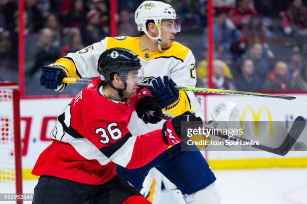 Ottawa Senators Right Wing Colin White and Nashville Predators Defenceman Alexei Emelin battle for position during first period National Hockey...