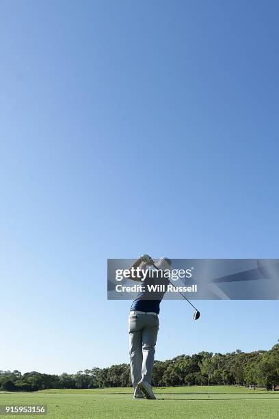 Ryan Evans of England takes his tee shot on the 3rd hole during day two of the World Super 6 at Lake Karrinyup Country Club on February 9, 2018 in...