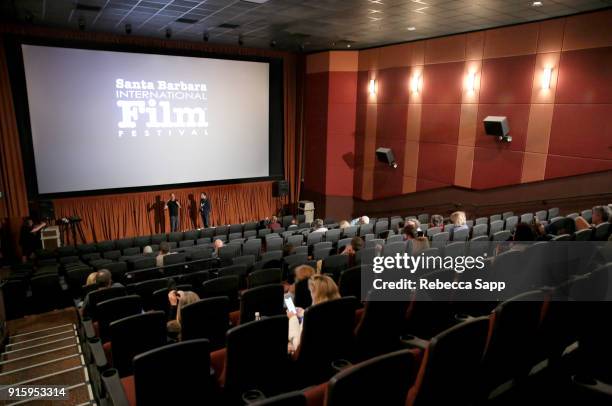 Director Mario Hainzl and moderator Mickey Duzdevich speak at a screening of 'Beyond: An African Surf Documentary'' during The 33rd Santa Barbara...