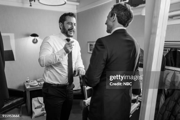 Episode 649 -- Pictured: Actor Jason Jones talks with host Seth Meyers backstage on February 8, 2018 --