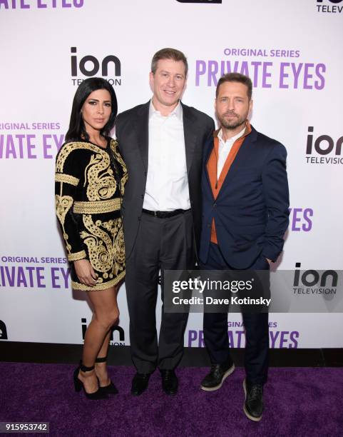 Actress Cindy Sampson, Chairman and Chief Executive Officer of ION Media Brandon Burgess and actor Jason Priestley arrive at the ION Television...