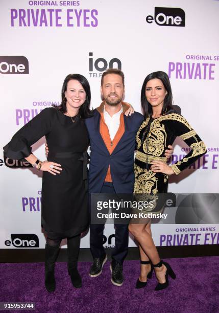 Chris Addeo, Executive Vice President, Marketing at ION Media Networks, actor Jason Priestley and actress Cindy Sampson arrive at the ION Television...