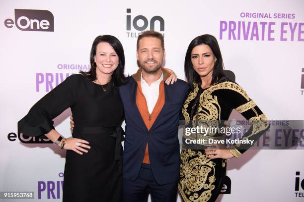 Chris Addeo, Executive Vice President, Marketing at ION Media Networks, actor Jason Priestley and actress Cindy Sampson arrive at the ION Television...