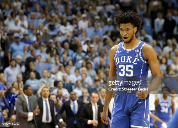Marvin Bagley III of the Duke Blue Devils reacts after a play against the North Carolina Tar Heels during their game at Dean Smith Center on February...