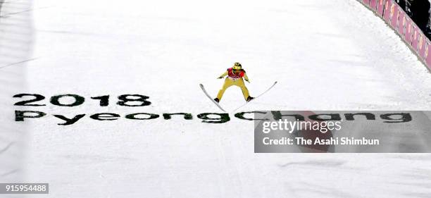 Noriaki Kasai of Japan competes in the Men's Normal Hill Individual Qualification at Alpensia Ski Jumping Centre on February 8, 2018 in...