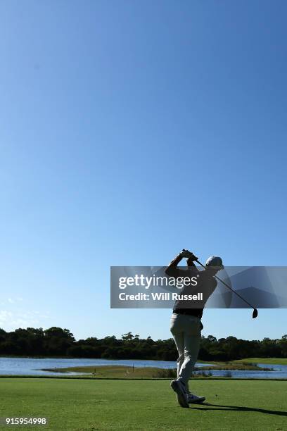 James Heath of England takes his tee shot on the 3rd hole during day two of the World Super 6 at Lake Karrinyup Country Club on February 9, 2018 in...
