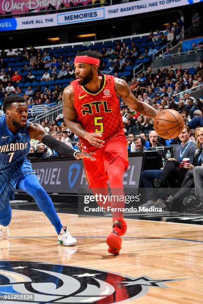 Malcolm Delaney of the Atlanta Hawks handles the ball against the Orlando Magic on February 8, 2018 at Amway Center in Orlando, Florida. NOTE TO...