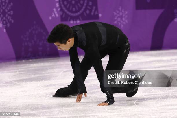 Nathan Chen of the United States falls while competing in the Figure Skating Team Event - Men's Single Skating Short Program during the PyeongChang...
