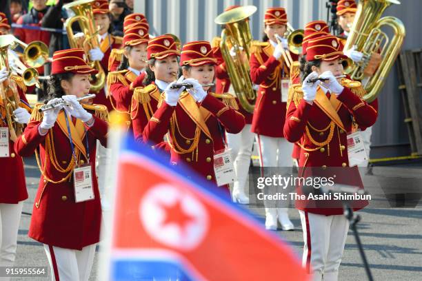 Members of the Democratic People's Republic of Korea band perform during the welcome ceremony ahead of the PyeongChanag Winter Olympic Games at the...