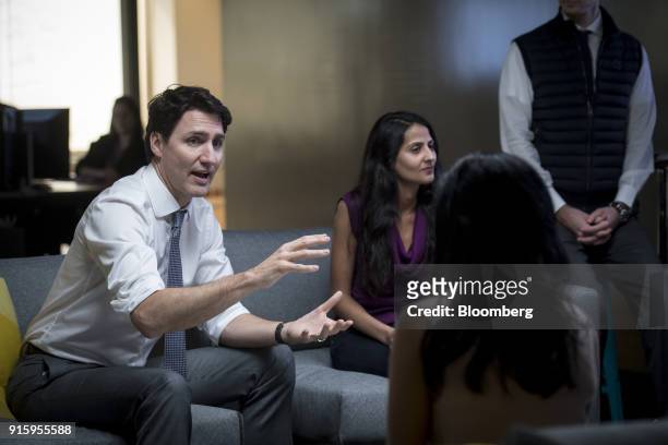 Justin Trudeau, Canada's prime minister, left, meets with employees of AppDirect Inc., in San Francisco, California, U.S., on Thursday, Feb. 8, 2018....