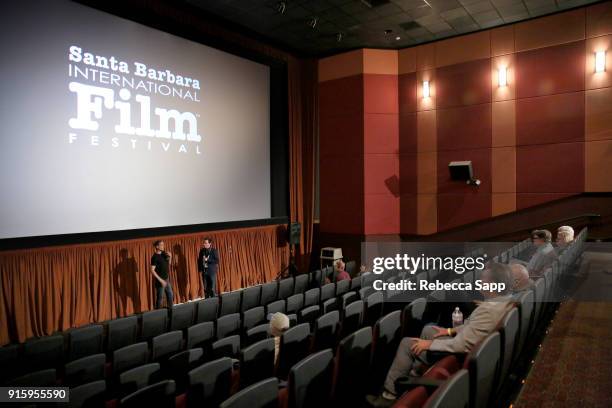 Director Mario Hainzl and moderator Mickey Duzdevich speak at a screening of 'Beyond: An African Surf Documentary'' during The 33rd Santa Barbara...