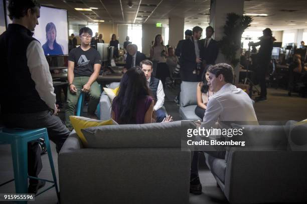 Justin Trudeau, Canada's prime minister, right, meets with employees of AppDirect Inc., in San Francisco, California, U.S., on Thursday, Feb. 8,...