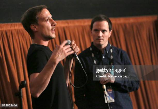 Director Mario Hainzl and moderator Mickey Duzdevich speak at a screening of 'Beyond: An African Surf Documentary'' during The 33rd Santa Barbara...