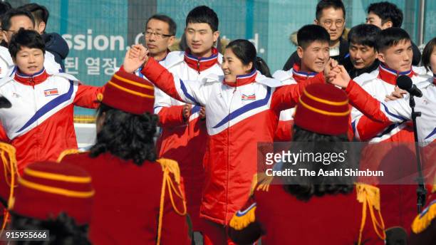 Noroth Korean athletes take part in the welcome ceremony ahead of the PyeongChanag Winter Olympic Games at the Olympic Village on February 8, 2018 in...