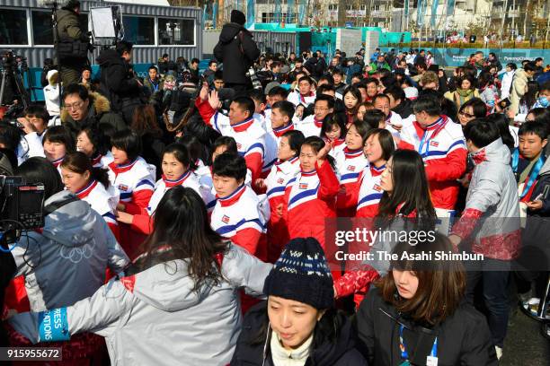 Noroth Korean athletes take part in the welcome ceremony ahead of the PyeongChanag Winter Olympic Games at the Olympic Village on February 8, 2018 in...