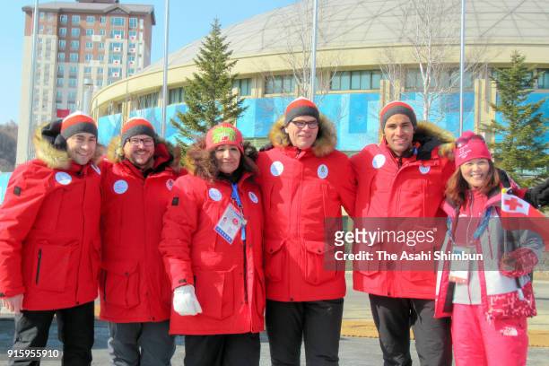 Cross-Coutnry Skier Pita Taufatofua and Tonga delegation pose for photographs during the welcome ceremony ahead of the PyeongChanag Winter Olympic...