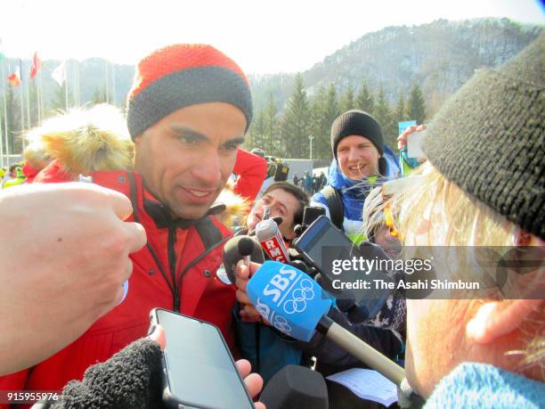 Cross-Coutnry Skier Pita Taufatofua is interviewed during the welcome ceremony ahead of the PyeongChanag Winter Olympic Games at the Olympic Village...