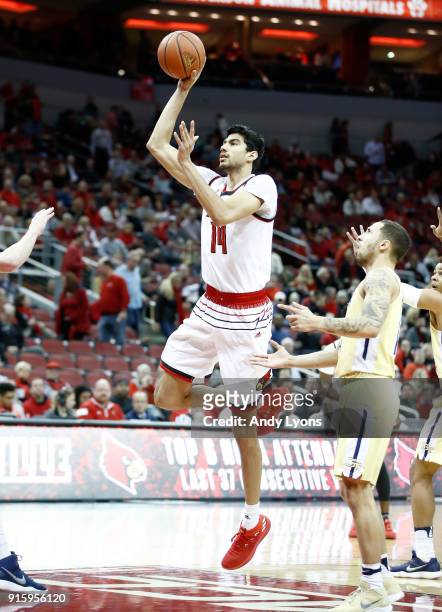 Anas Mahmoud of the Louisville Cardinals shoots the ball against the Georgia Tech Yellow Jackets during the game at KFC YUM! Center on February 8,...