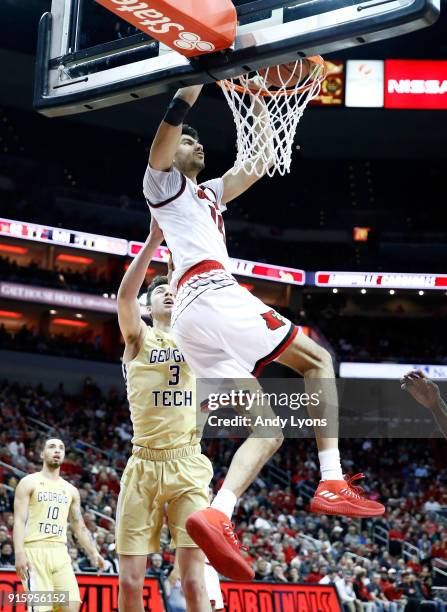 Anas Mahmoud of the Louisville Cardinals dunks the ball against the Georgia Tech Yellow Jackets during the game at KFC YUM! Center on February 8,...