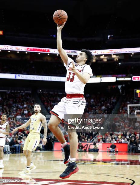 Jordan Nwora of the Louisville Cardinals shoots the ball against the Georgia Tech Yellow Jackets during the game at KFC YUM! Center on February 8,...