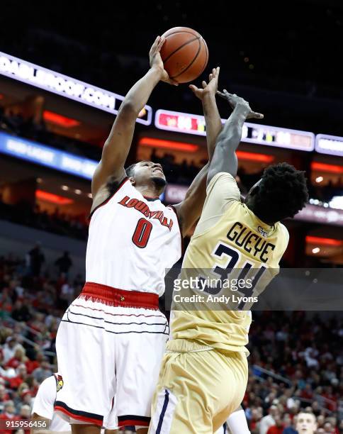 King of the Louisville Cardinals shoots the ball against the Georgia Tech Yellow Jackets during the game at KFC YUM! Center on February 8, 2018 in...