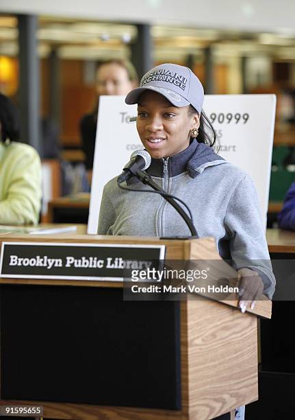 Lil' Mama speaks at Jump Start's "Read for the Record" event at Brooklyn Public Library's Central Library on October 8, 2009 in the Brooklyn borough...