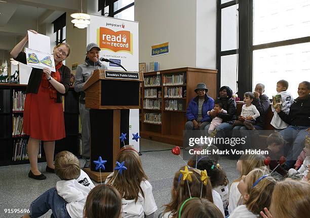 Musical artist Lil' Mama speaks at Jump Start's "Read for the Record" event at Brooklyn Public Library's Central Library on October 8, 2009 in the...