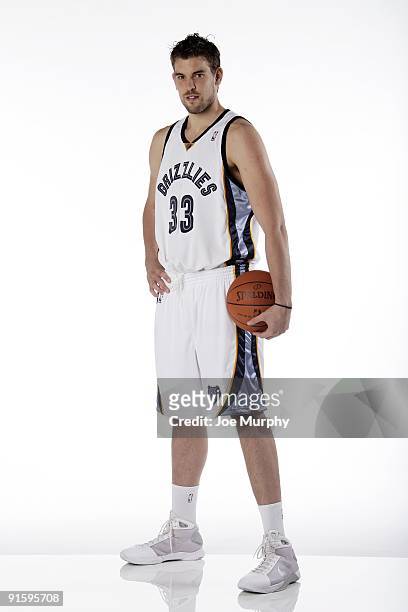 Marc Gasol of the Memphis Grizzlies poses for a portrait during NBA Media Day on September 28, 2009 at the FedExForum in Memphis, Tennessee. NOTE TO...
