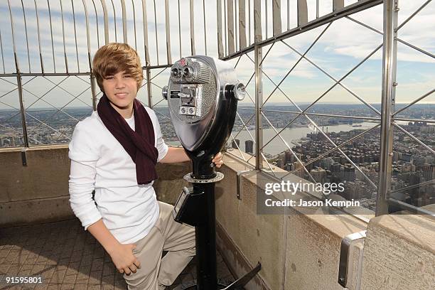Singer Justin Bieber attends the lighting of the Empire State Building to kickoff Jumpstart's Read For The Record Campaign on October 8, 2009 in New...