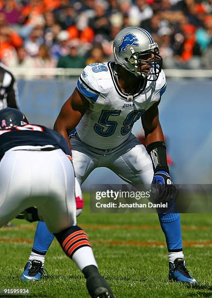 Julian Peterson of the Detroit Lions breaks awaits the start of play against the Chicago Bears on October 4, 2009 at Soldier Field in Chicago,...