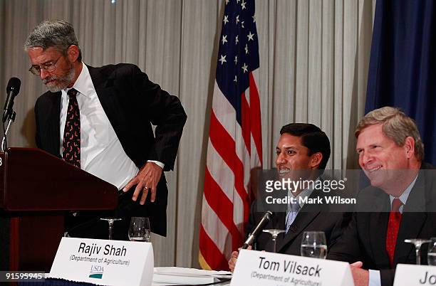 John Holdren , advisor to the President for Science and Technology participates in a news conference with Rajiv Shah , Under Secretary USDA, and...