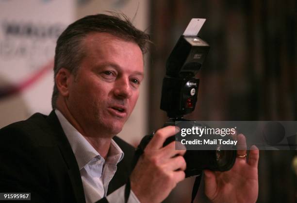 Former Australian cricket captain Steve Waugh addresses the media during the announcement of Delhi Daredevils vs Victoria Bushrangers Champions...