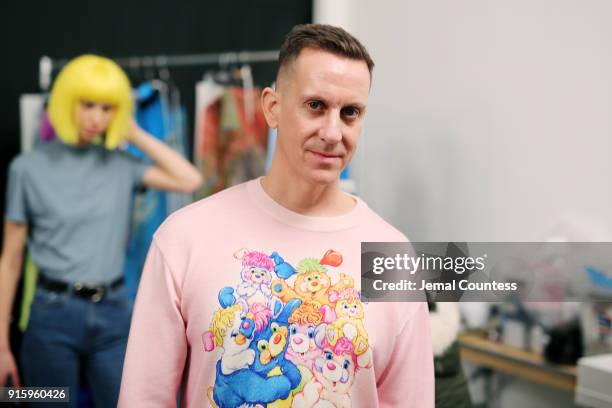 Designer Jeremy Scott poses backstage for Jeremy Scott during New York Fashion Week: The Shows at Gallery I at Spring Studios on February 8, 2018 in...