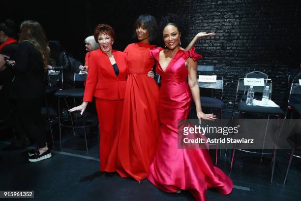 Actors Marion Ross, Zuri Hall and Actor Lynn Whitfield attend the American Heart Association's Go Red For Women Red Dress Collection 2018 presented...